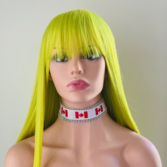 30” Long Straight Green Lemon Premium Fiber Wig with Bangs for Daily Wear/Events - Picture 8 of 11